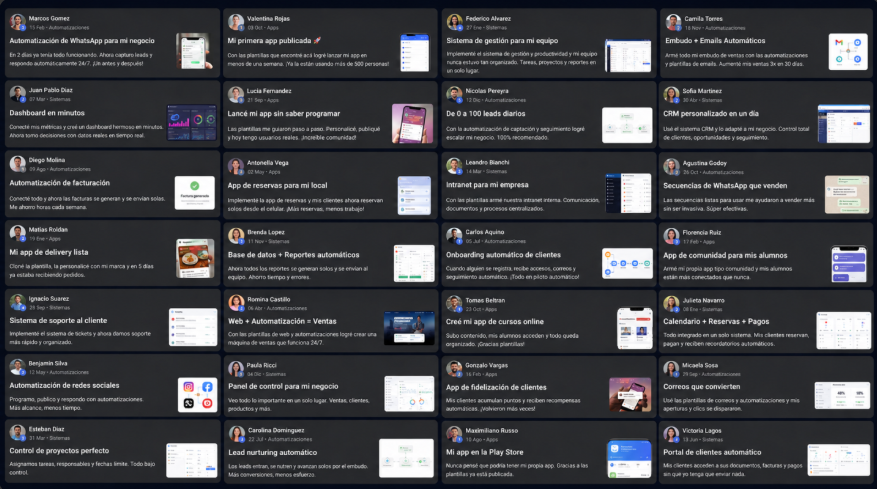 Prueba social con testimonios y resultados de apps, sistemas y automatizaciones creadas dentro de la academia.
